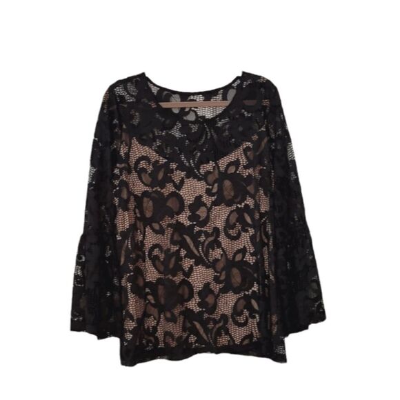I.N.C. Woman Black Lace Tan Lining Flounce Sleeve Blouse Pullover Size 1X - Picture 4 of 8